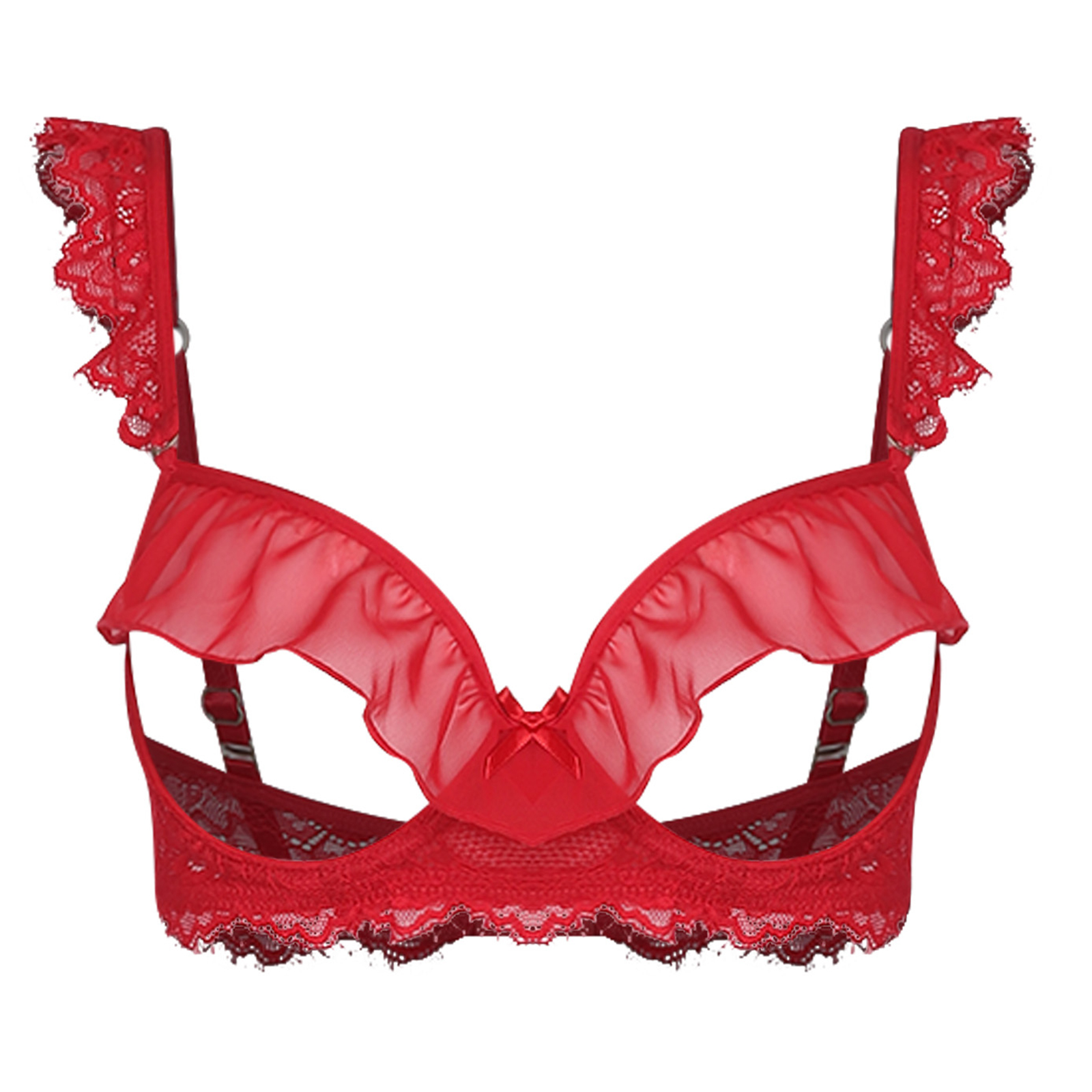 Demi Bra Balconette - 女性用大人向けハネムーンランジェリー、カップレスブラトップ、プッシュアップ、ワイヤー入り、フリルトリム、レース、バルコネットブラジャー、ロマンチックな記念日に