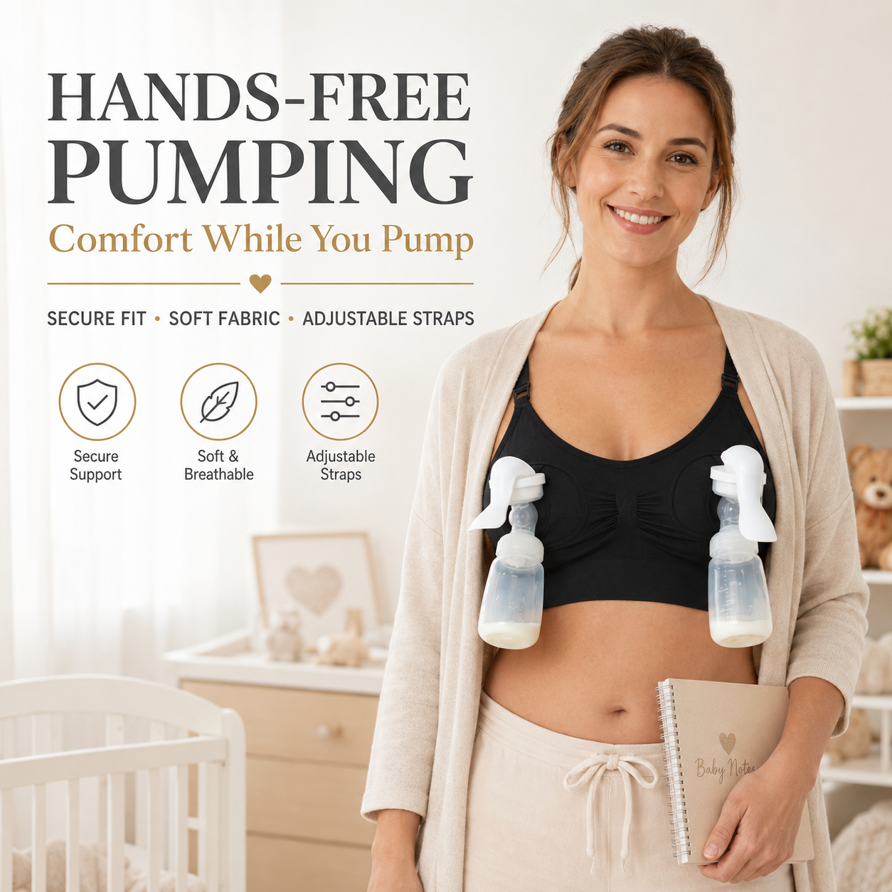 Nursing Bra Clip - ハンズフリーポンピングブラ、調節可能な授乳ブラ、搾乳器対応、着用可能な授乳ブラ、柔らかいマタニティ下着（ママ向け）