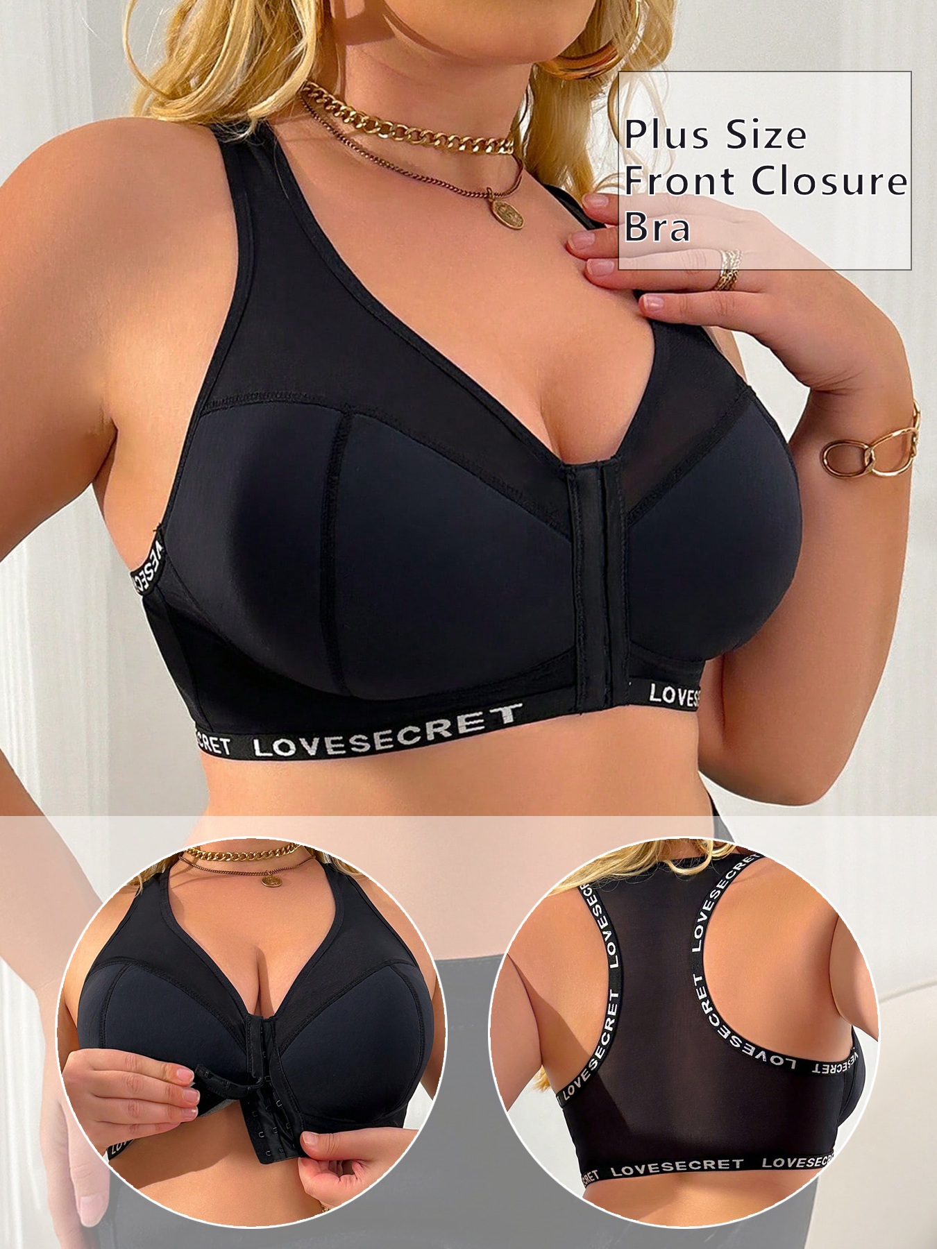 Full Coverage Bra - 女性用プラスサイズレースブラ、フロントクロージャー、フルカバー、サポート力のあるワイヤレスパッド入りブラ、快適シームレスデイリーランジェリー、ブラック、デイトV