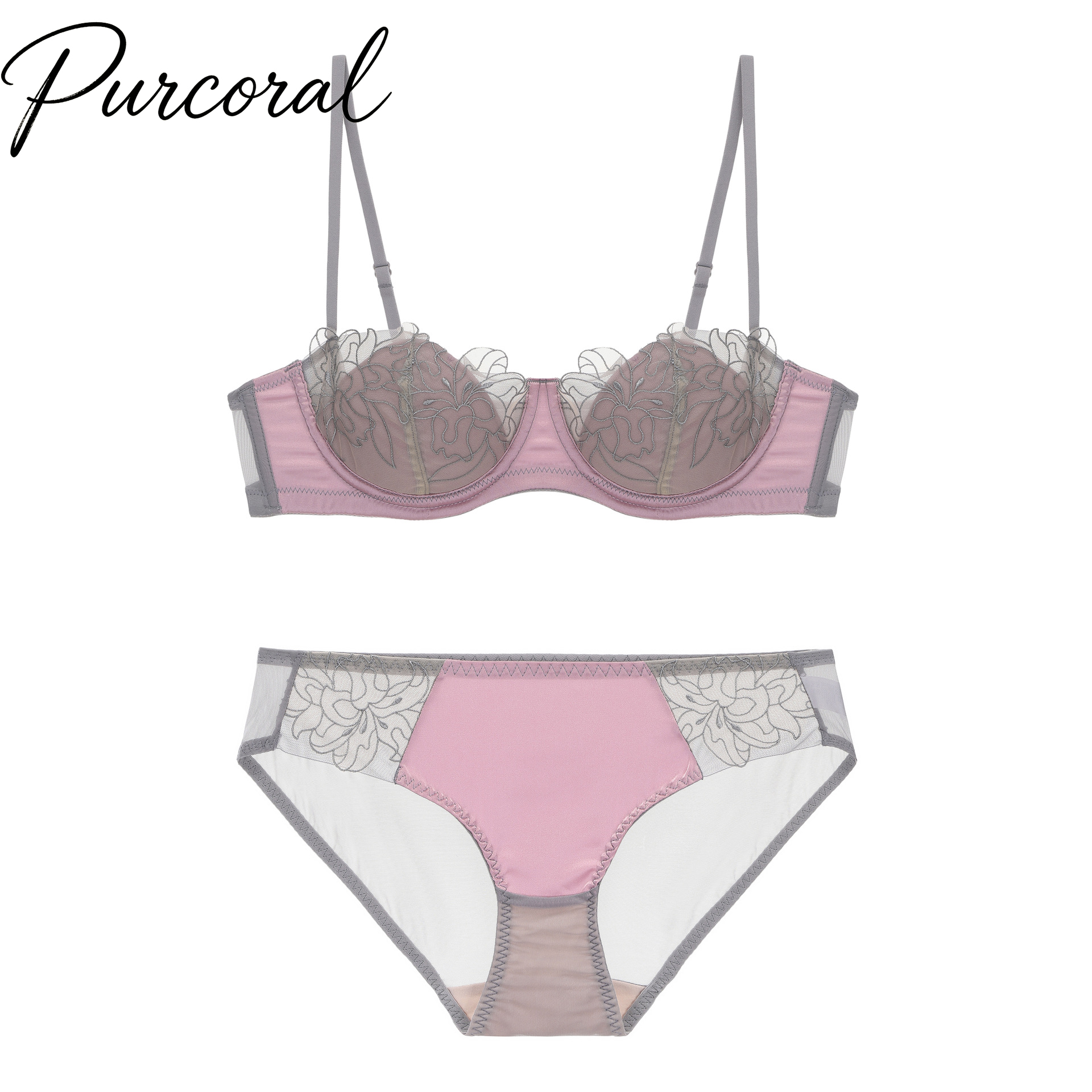 Demi Bra Balconette - ピュルコーラル 2026 新作 花柄レース刺繍ランジェリーセット シアーメッシュ バルコネットアンダーワイヤーブラ