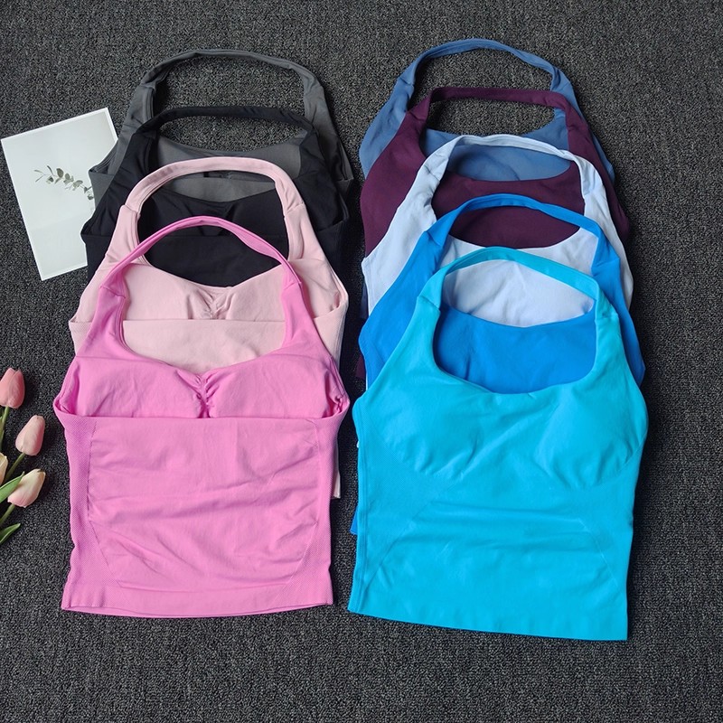 T Shirt Bra Seamless - レディースシームレスホルターネックスポーツベストヨガバックレスハンギングネックフィットネスタンクトップランニングトップジムブラワークアウトフィットネスウェア