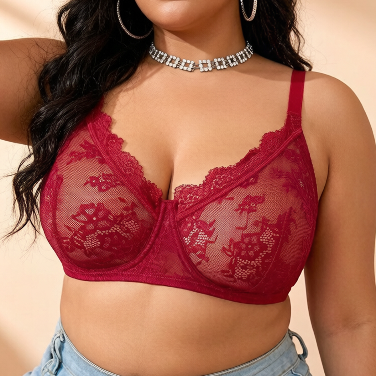 Full Coverage Bra - 女性用プラスサイズ赤いレースシアーブラ、アンダーワイヤー入り、ノンパッド、フルカバーブラジャー、刺繍メッシュ、シースルーランジェリー、大きなバスト向け