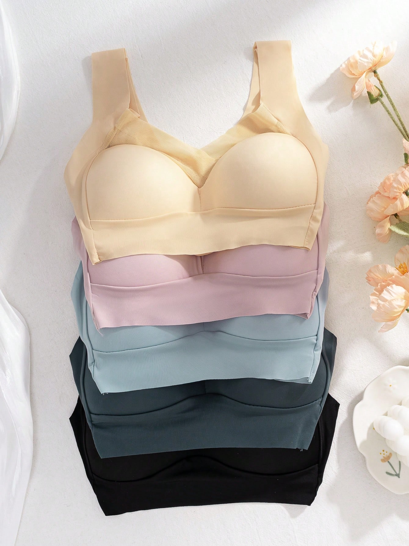 Sleep Bra Bralette - 5 個入り女性用シームレスアイスシルクワイヤレスブラ、V ネックメッシュスプライスワイドショルダーストラップパッド入り快適デイリースリープスポーツブラレット