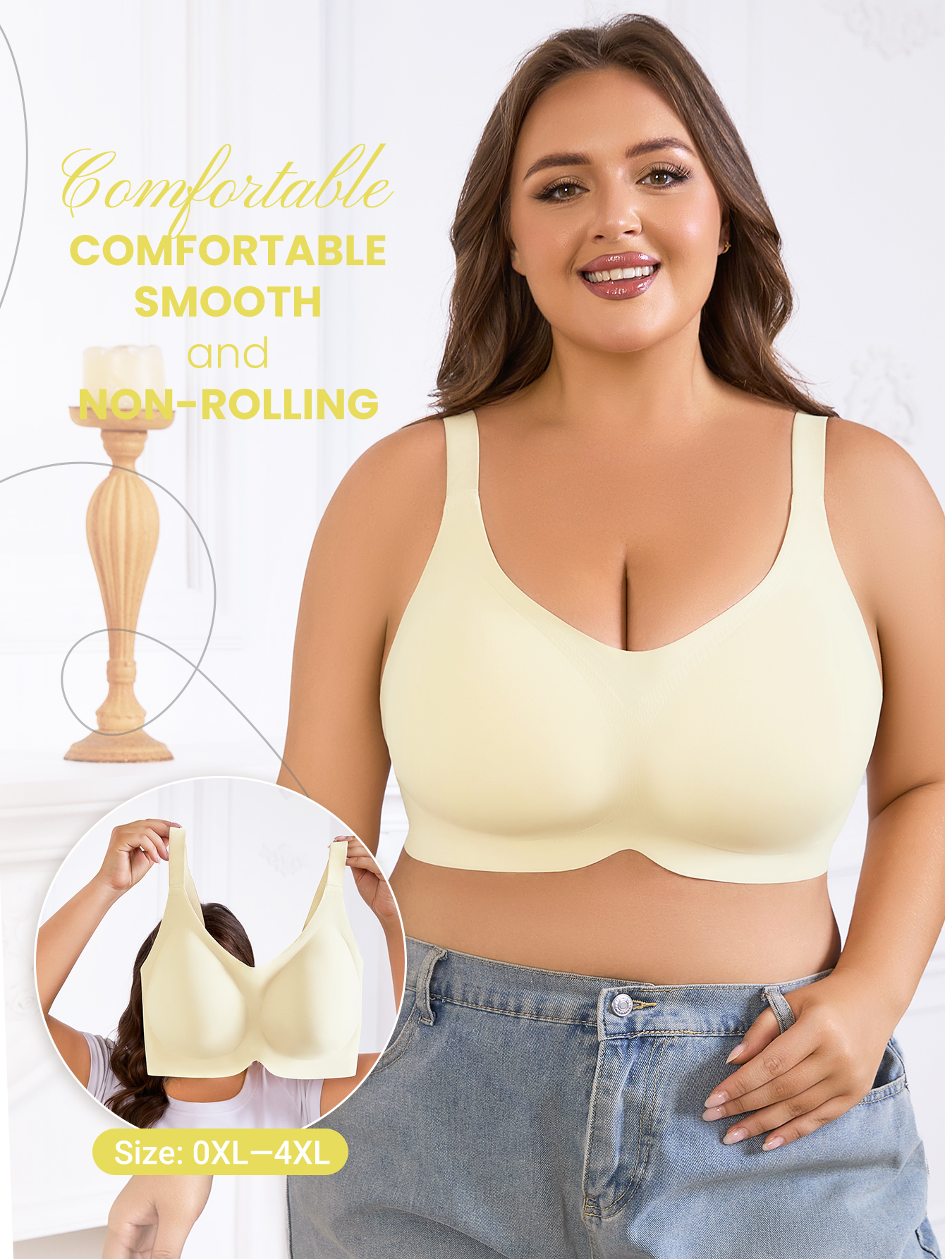 Wirefree Bra Comfort - プラスサイズの女性用ソリッドカラーデイリーコンフォートヨガスポーツブラ、リフトアップ＆垂れ防止ブラ、セクシーなVネック、ワイヤーなし、取り外し可能なソフトパッド付き