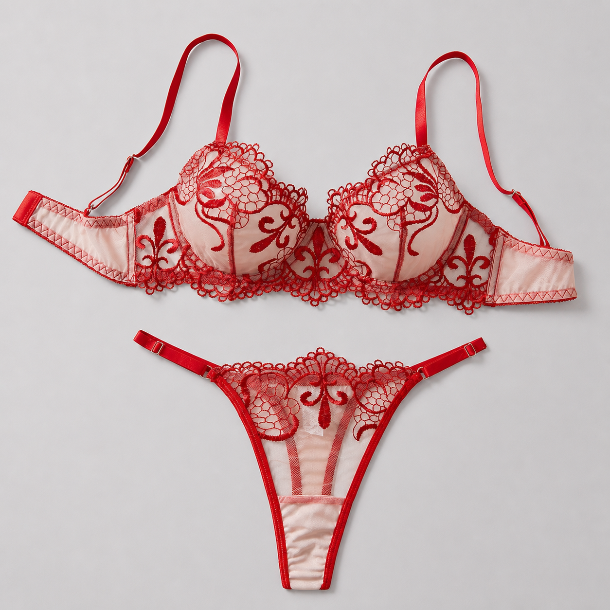 Sheer Mesh Bra - ダブルレイヤーカッププッシュアップランジェリーセット花柄刺繍シアーメッシュ2ピースセットセクシー下着女性用セクシーブラ＆Tバックセット