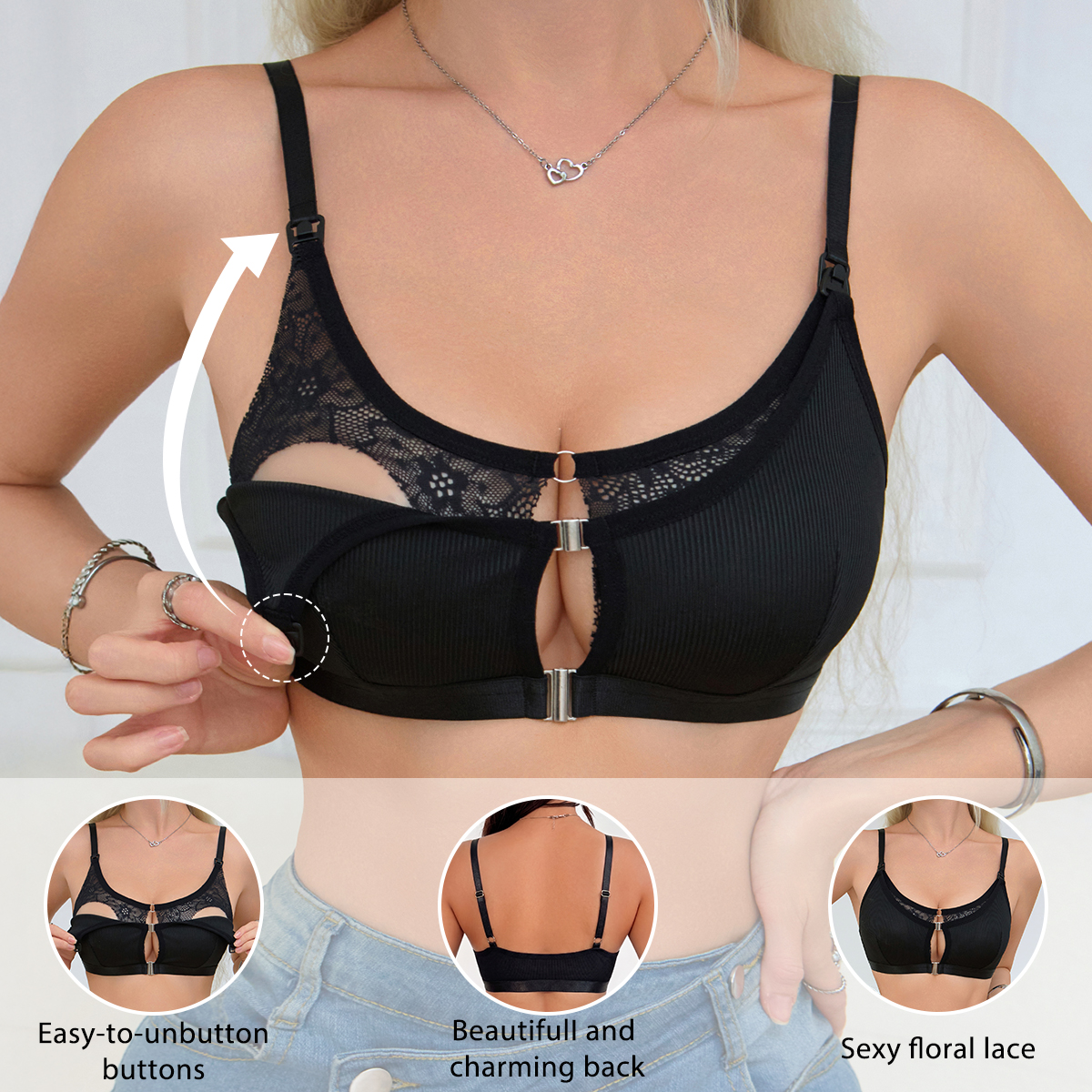 Nursing Bra Clip - 黒の快適なフロントクラスプ授乳ブラ、レース＆リブ編みハンズフリーポンピングブラ、調節可能なマタニティ授乳ブラ（ママ向け）