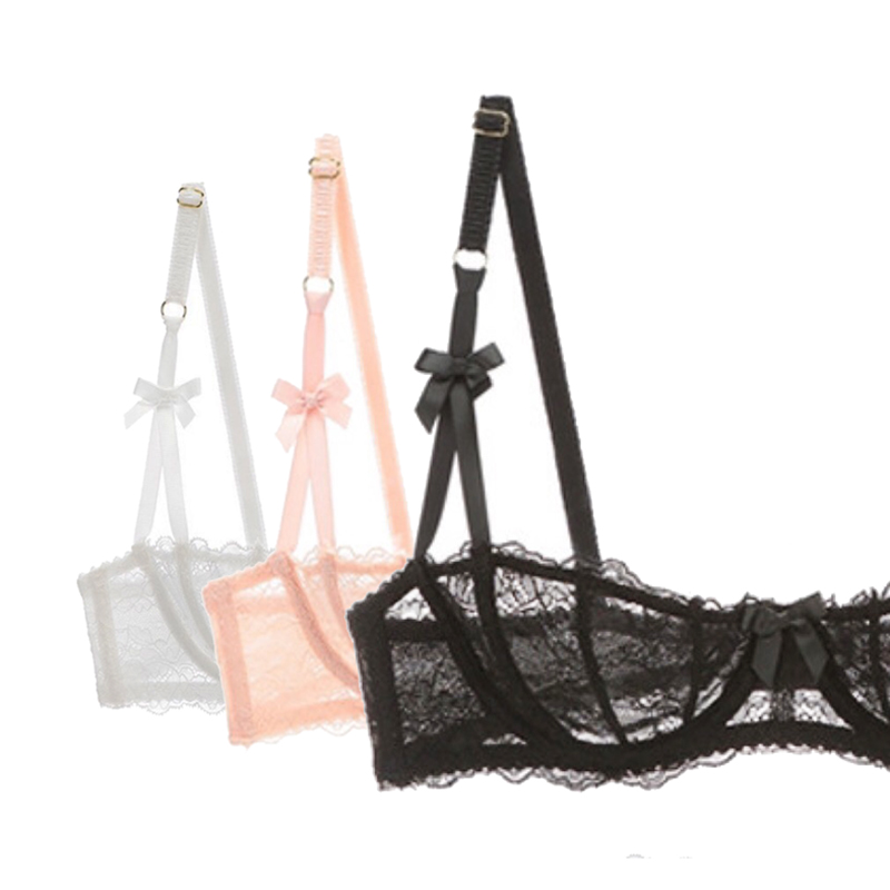 Demi Bra Balconette - ハーフカップブラジャー女性のセクシーなランジェリープラスサイズ透明バルコネット刺繍シースルーレースブラトップ赤、ピンク、白、黒