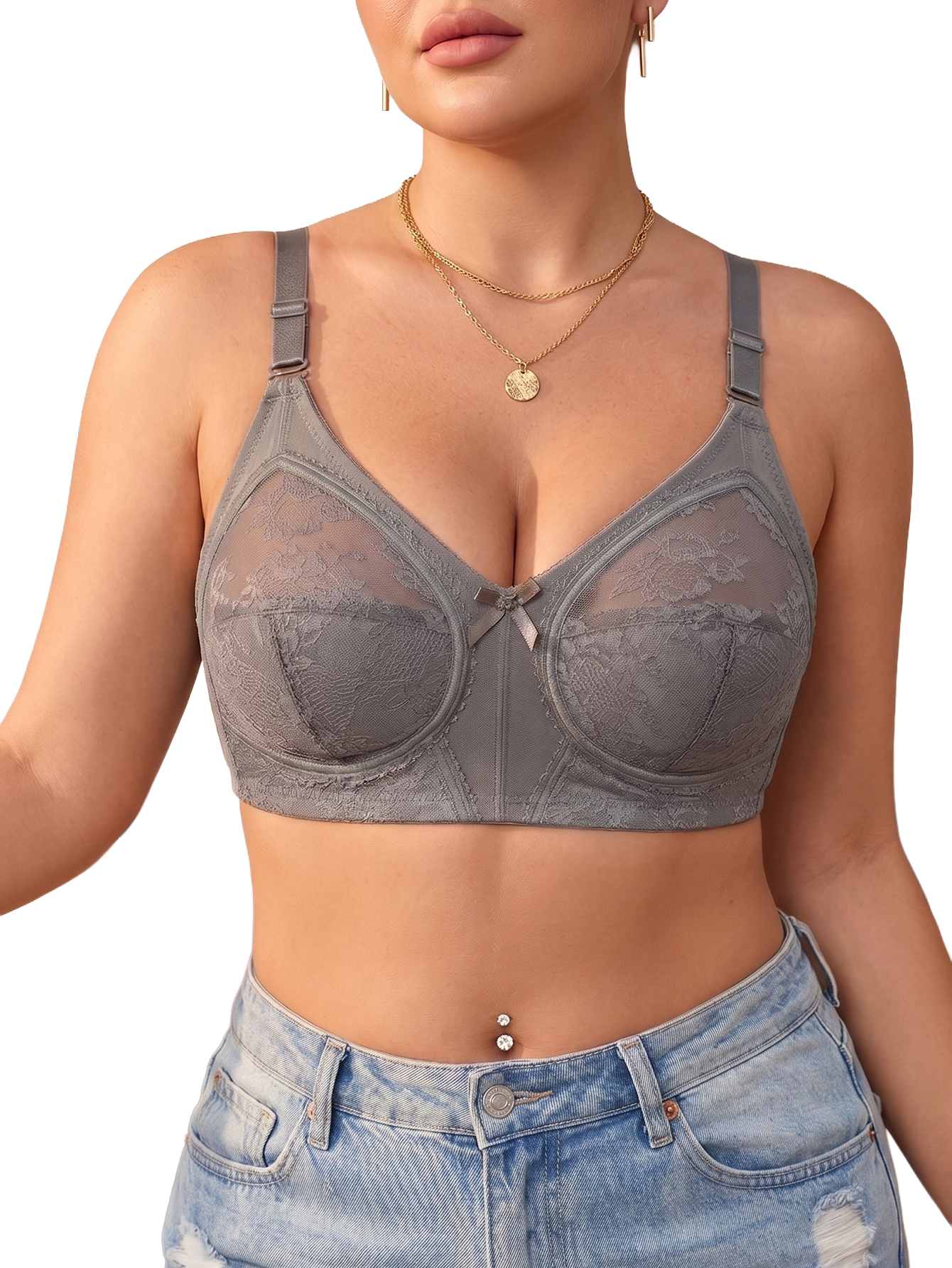 Full Coverage Bra - 女性用プラスサイズワイヤレスレースメッシュブラ、フルカバー、垂れ防止、サイドサポート、シェイプアップ、調節可能なストラップ、快適なブラ
