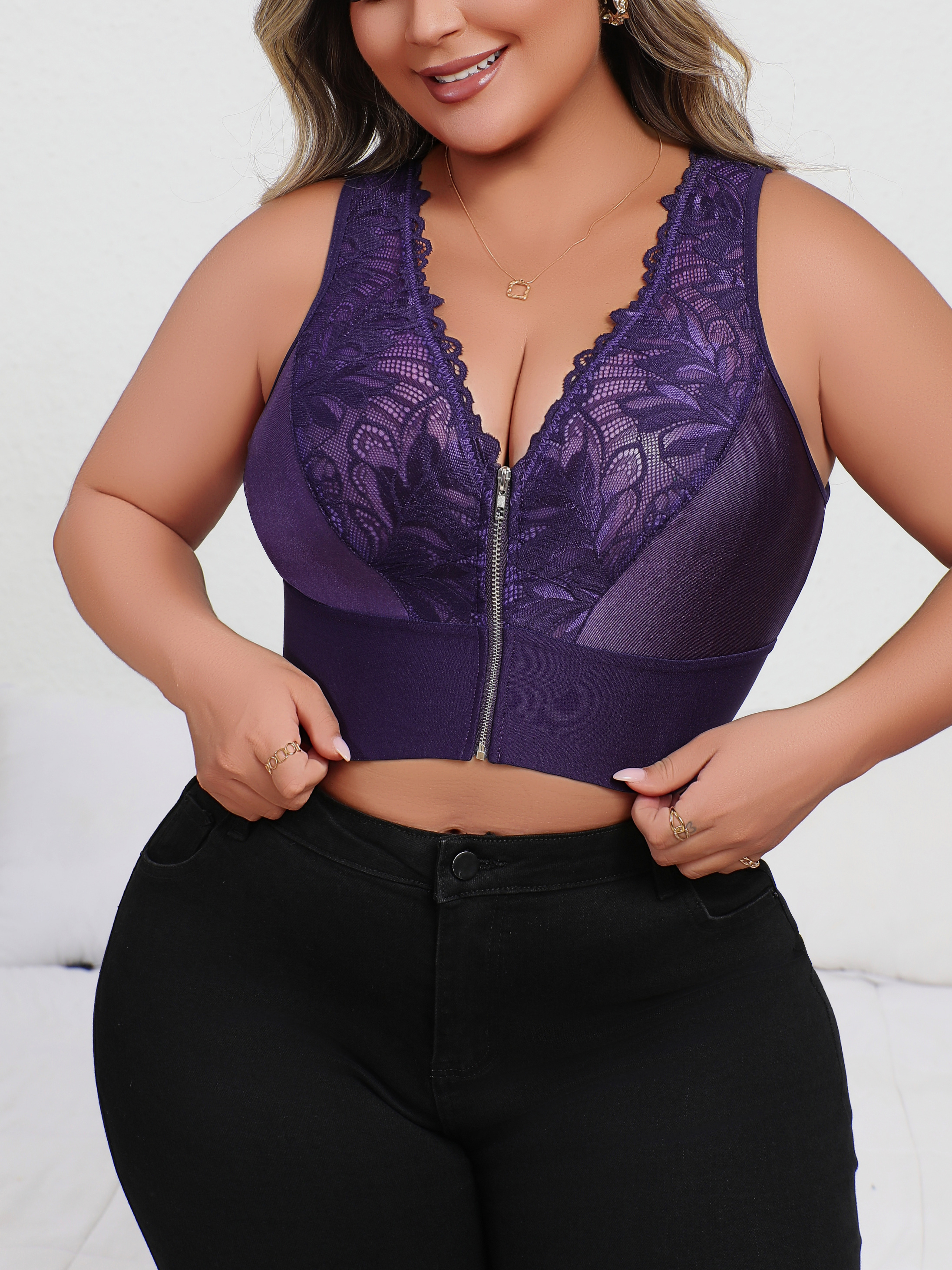 Plunge Bra Push Up - 新入荷 プラスサイズ セクシー パープル 刺繍入りランジェリー、フロントジップ付きプッシュアップブラ