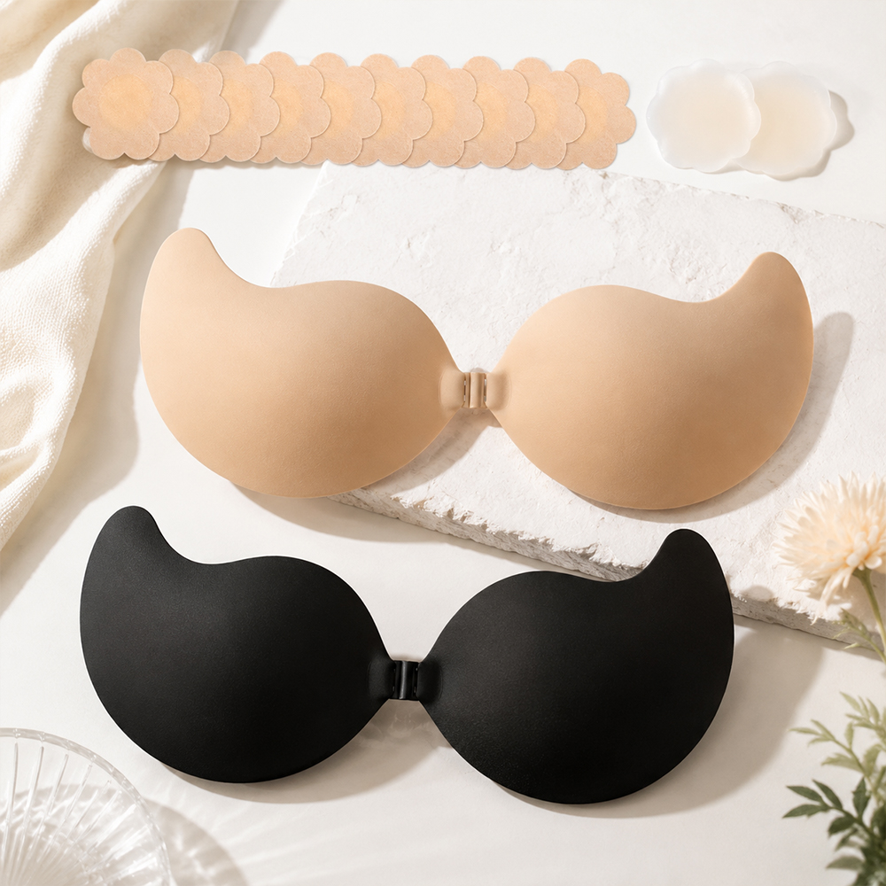 Backless Bra Sticky - 女性用ブラジャー 見えないプッシュアップブラ 粘着式シリコンニップルカバー フロントクロージャー バックレスストラップレス 粘着ブラ
