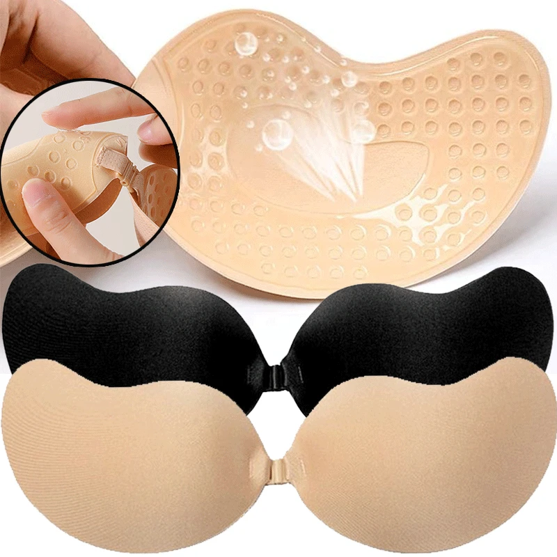 Strapless Bra Adhesive - 再利用可能な粘着式ニップルカバー A～Dカップ、シリコンパッド入りプッシュアップストラップレスブラ、ウェディングドレス用粘着式ランジェリー
