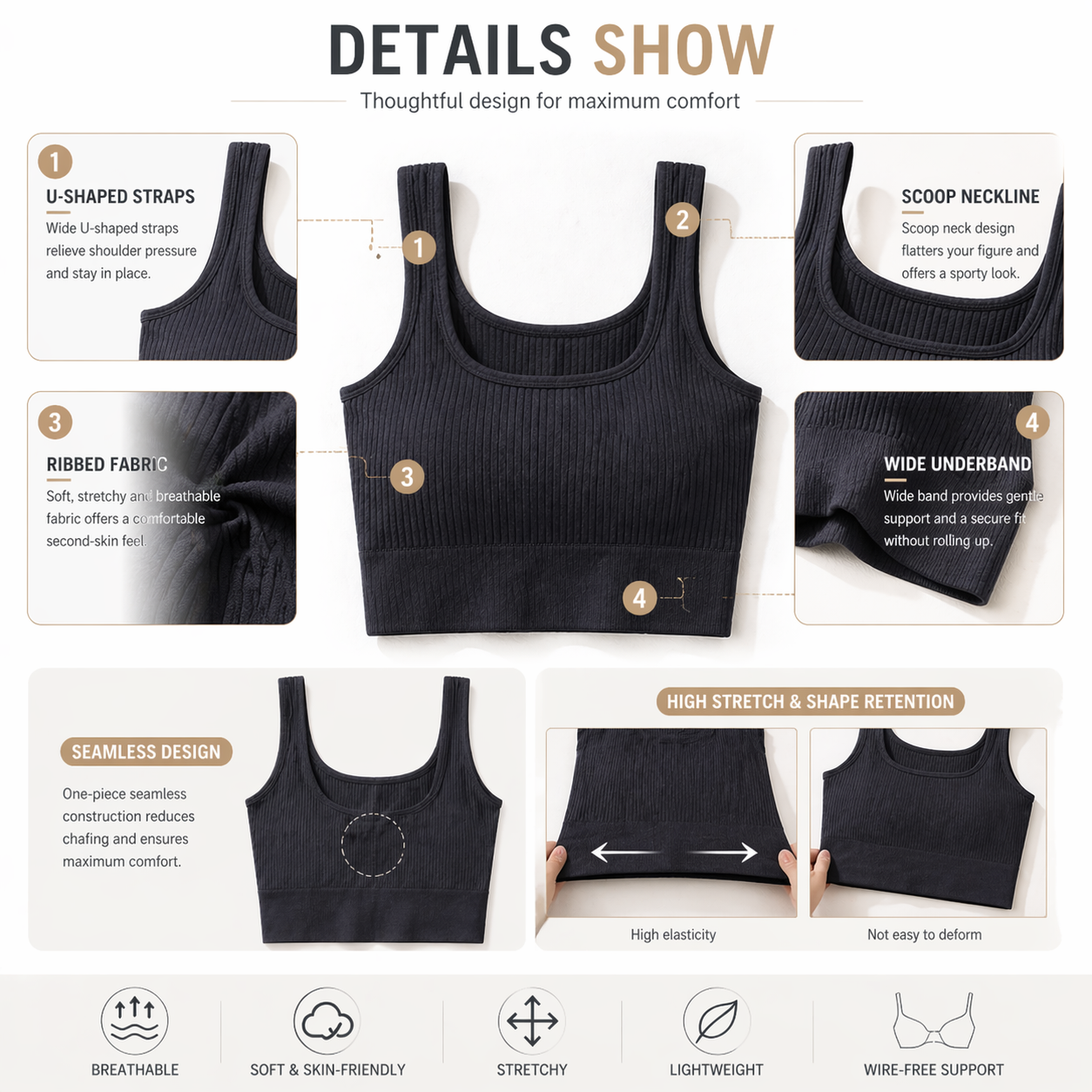 女性用シームレスリブ編みクロップトップワイヤレススポーツブラ - T Shirt Bra Seamless のレビューと価格