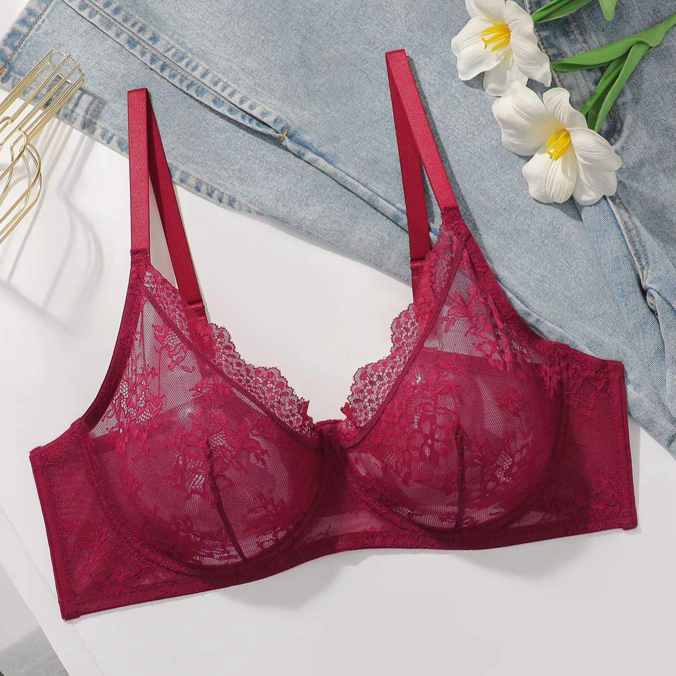 女性用プラスサイズ赤いレースシアーブラ、アンダーワイヤー入り - Full Coverage Bra のレビューと価格