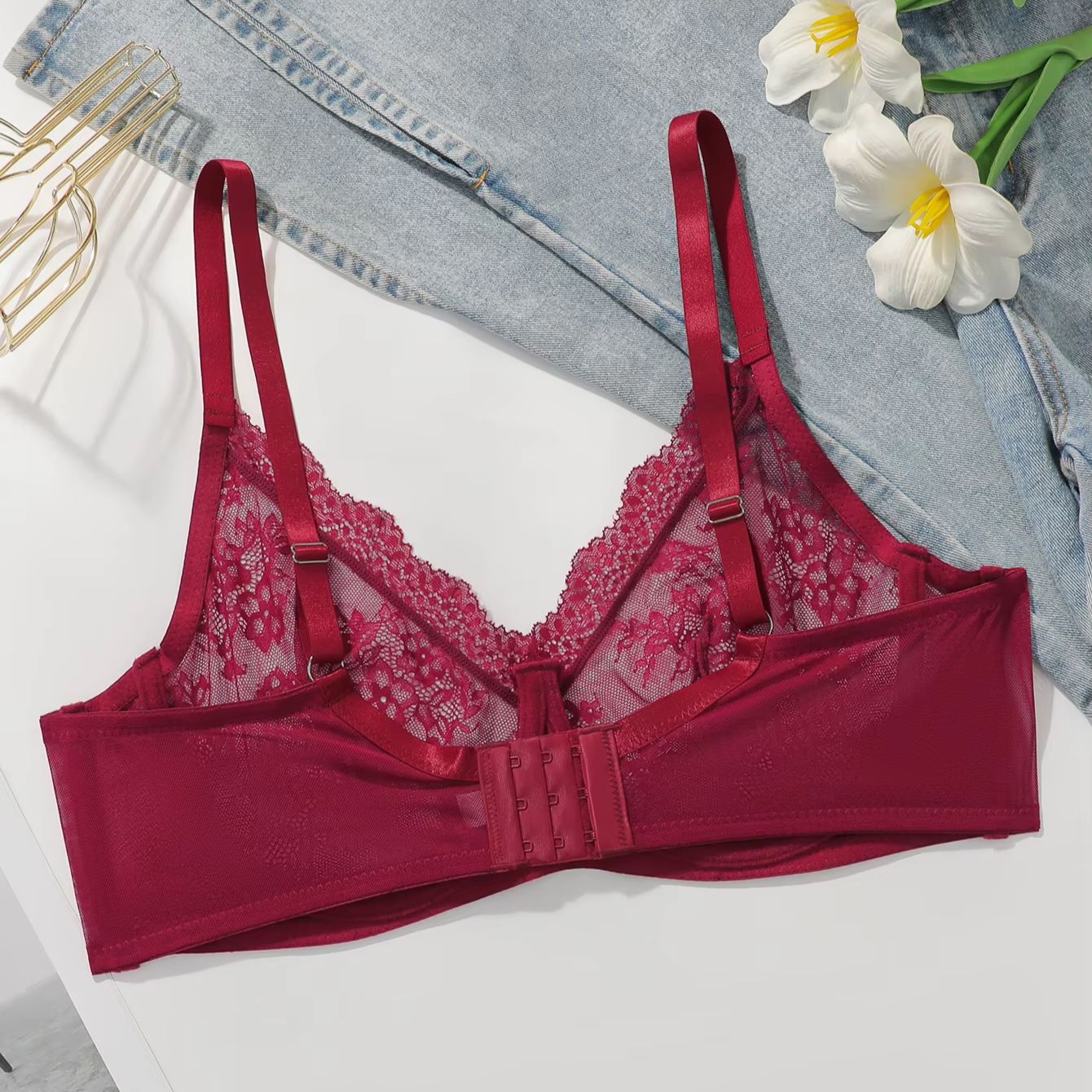 女性用プラスサイズ赤いレースシアーブラ、アンダーワイヤー入り - Full Coverage Bra のレビューと価格