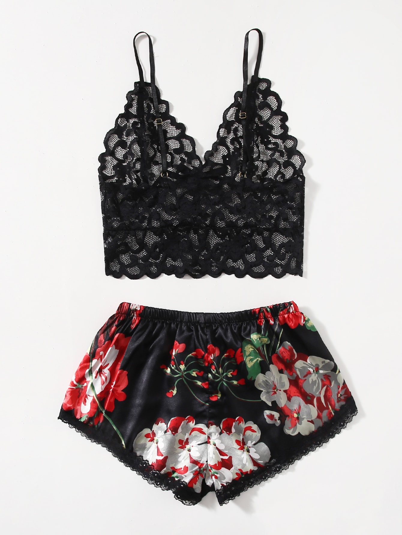 女性用花柄レースパジャマセット、デートナイト用ブラックブラレ - Lace Bralette Set のレビューと価格