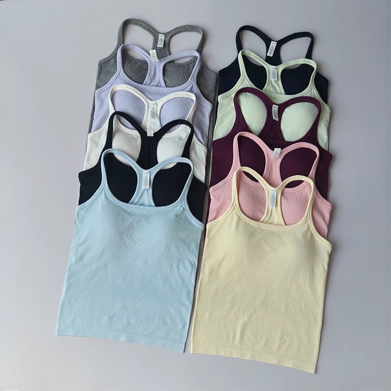 夏の女性用ヨガキャミソールスポーツベスト、無地リブタンクトッ - T Shirt Bra Seamless のレビューと価格