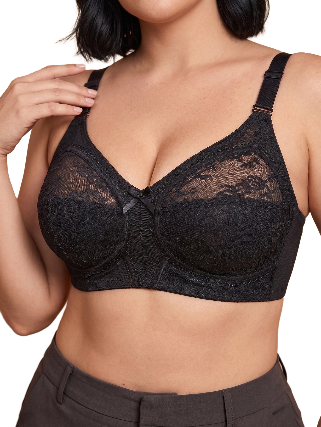 女性用プラスサイズワイヤレスレースメッシュブラ、フルカバー、 - Full Coverage Bra のレビューと価格