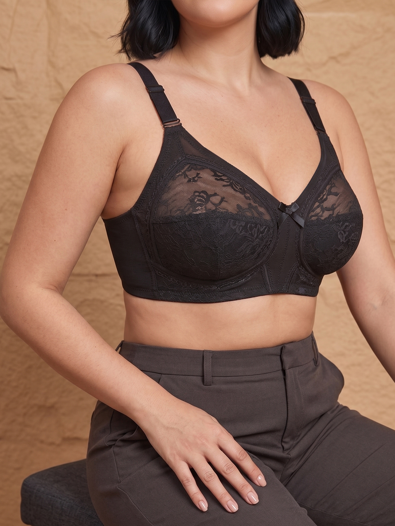 女性用プラスサイズワイヤレスレースメッシュブラ、フルカバー、 - Full Coverage Bra のレビューと価格