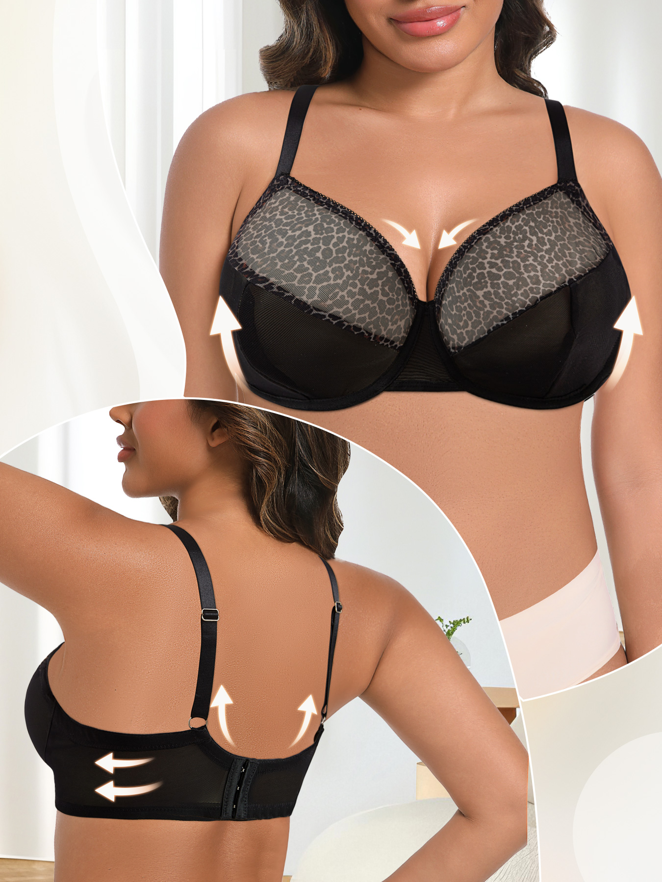 プラスサイズセクシーレオパードプリント＆ブラックコントラスト - Sheer Bra Lace のレビューと価格