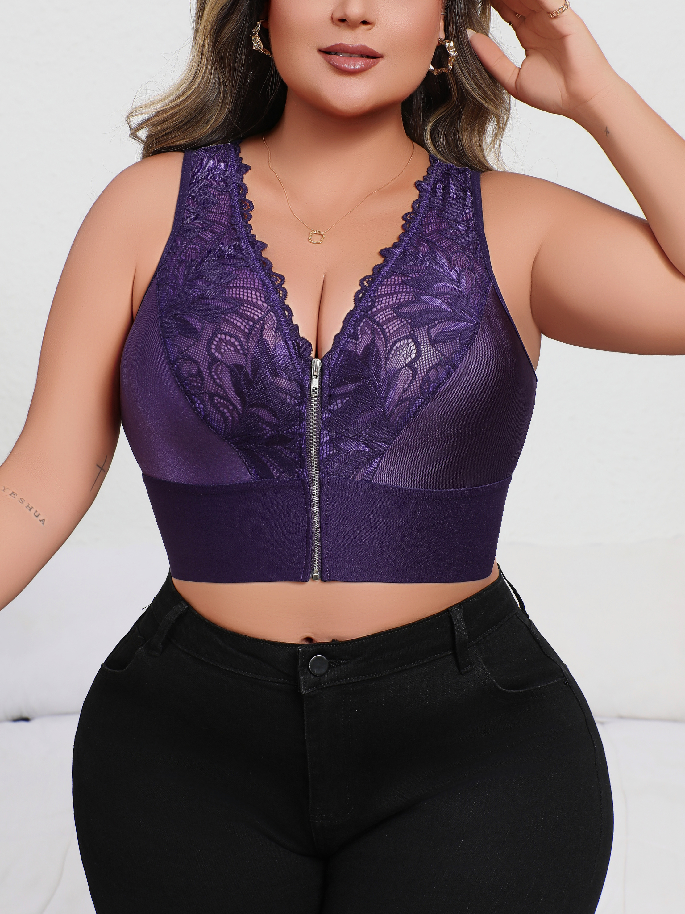 新入荷 プラスサイズ セクシー パープル 刺繍入りランジェリ - Plunge Bra Push Up のレビューと価格