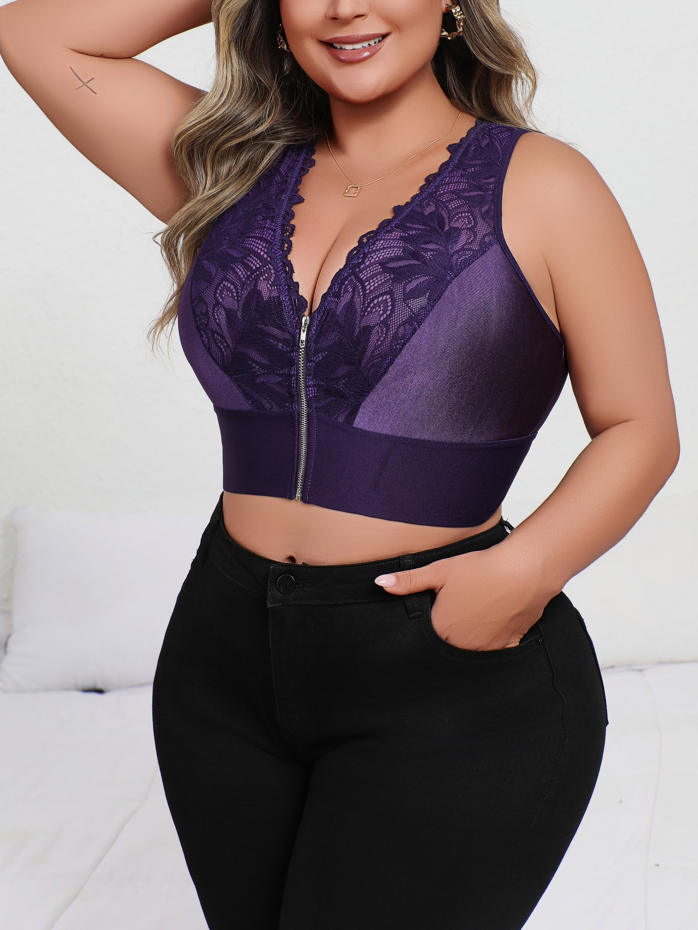 新入荷 プラスサイズ セクシー パープル 刺繍入りランジェリ - Plunge Bra Push Up のレビューと価格