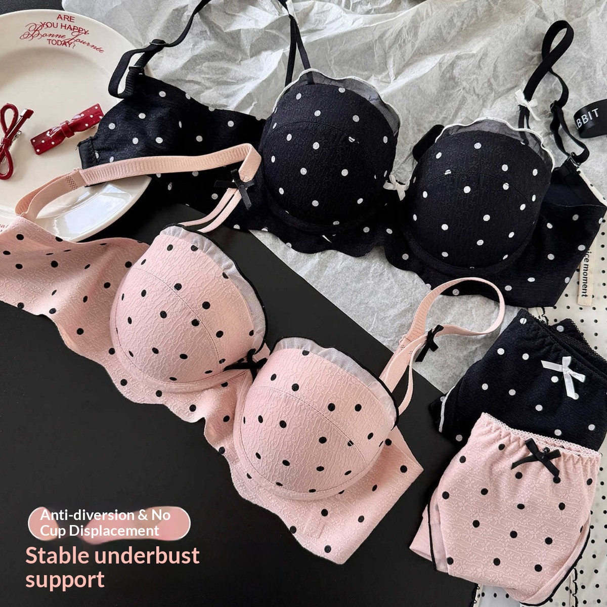 レースポルカドットブラジャー2点セット、小バストギャザー、垂 - Cotton Bra Everyday のレビューと価格